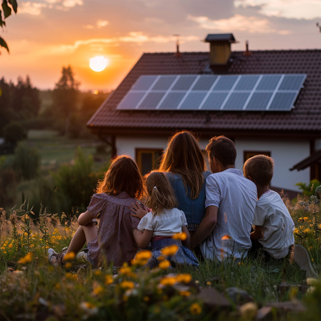 Famille de cinq personnes assise dans un champ de fleurs jaunes au coucher du soleil, contemplant leur maison équipée de panneaux solaires sur le toit, dans une ambiance chaleureuse et dorée.