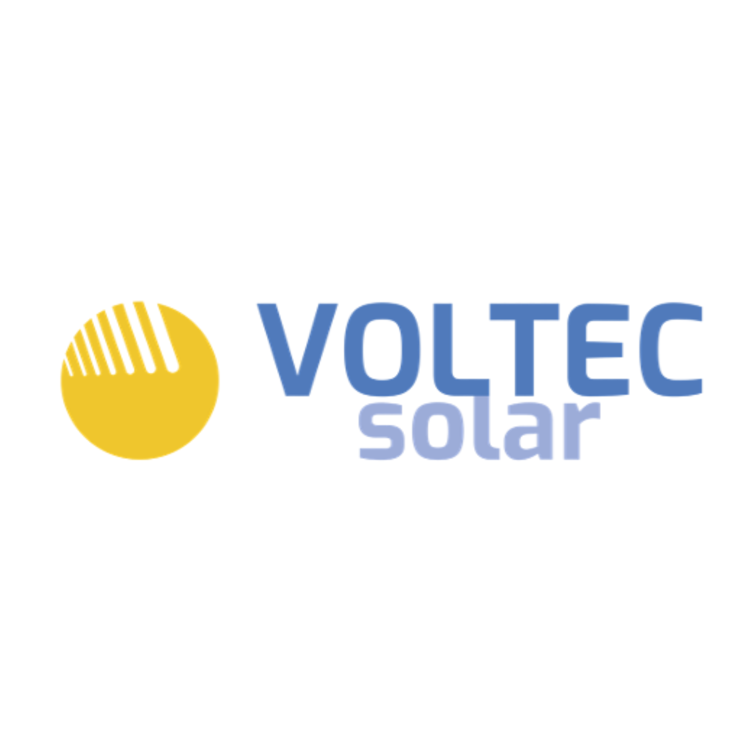 Logo Voltec Solar avec cercle jaune stylisé représentant le soleil et texte bleu sur fond blanc